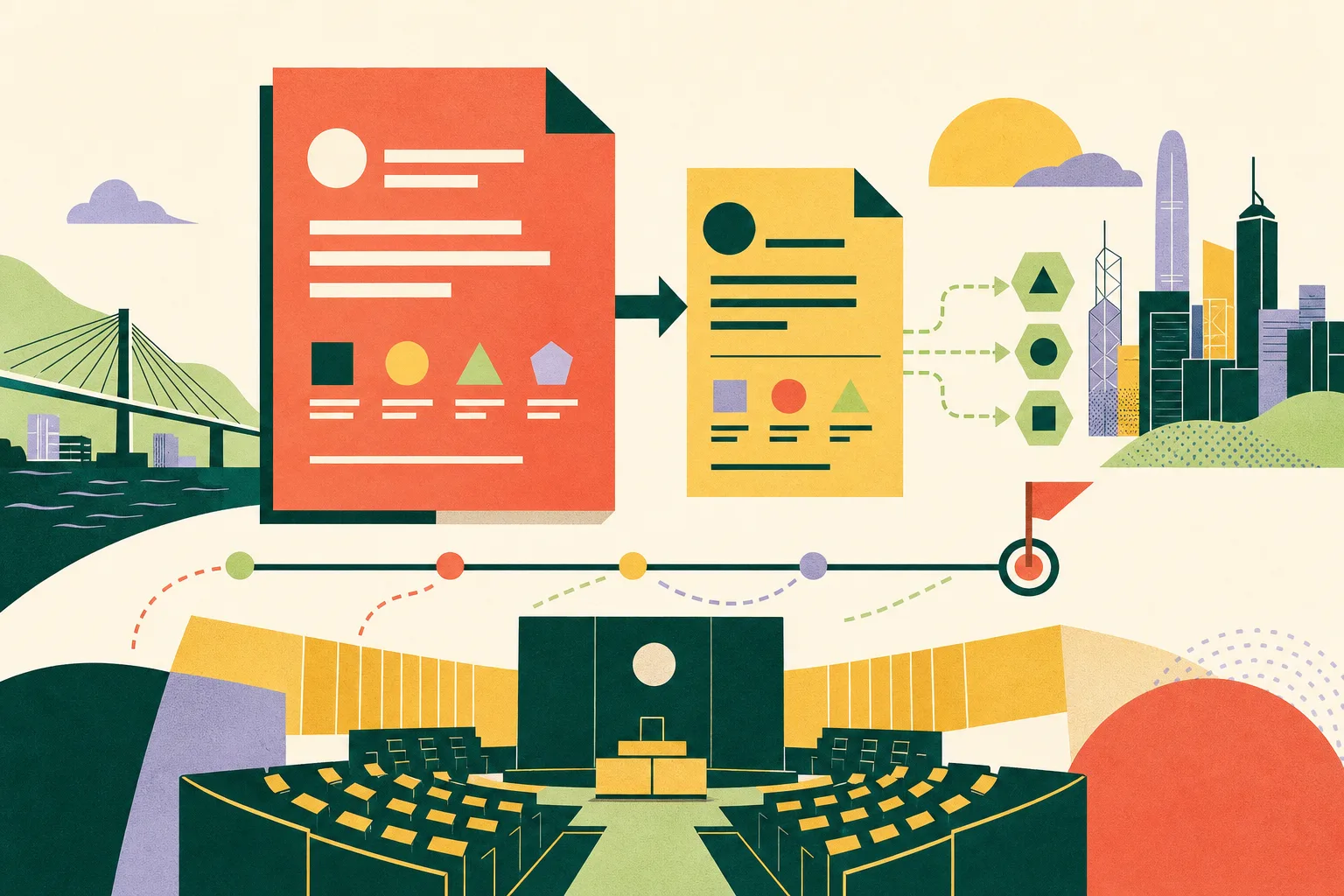 Abstract civic-planning illustration with two linked document panels, a horizontal timeline ending at 16 September 2026, milestone markers, and a simplified legislative chamber outline in coral, mineral blue, muted ochre and dusty teal.