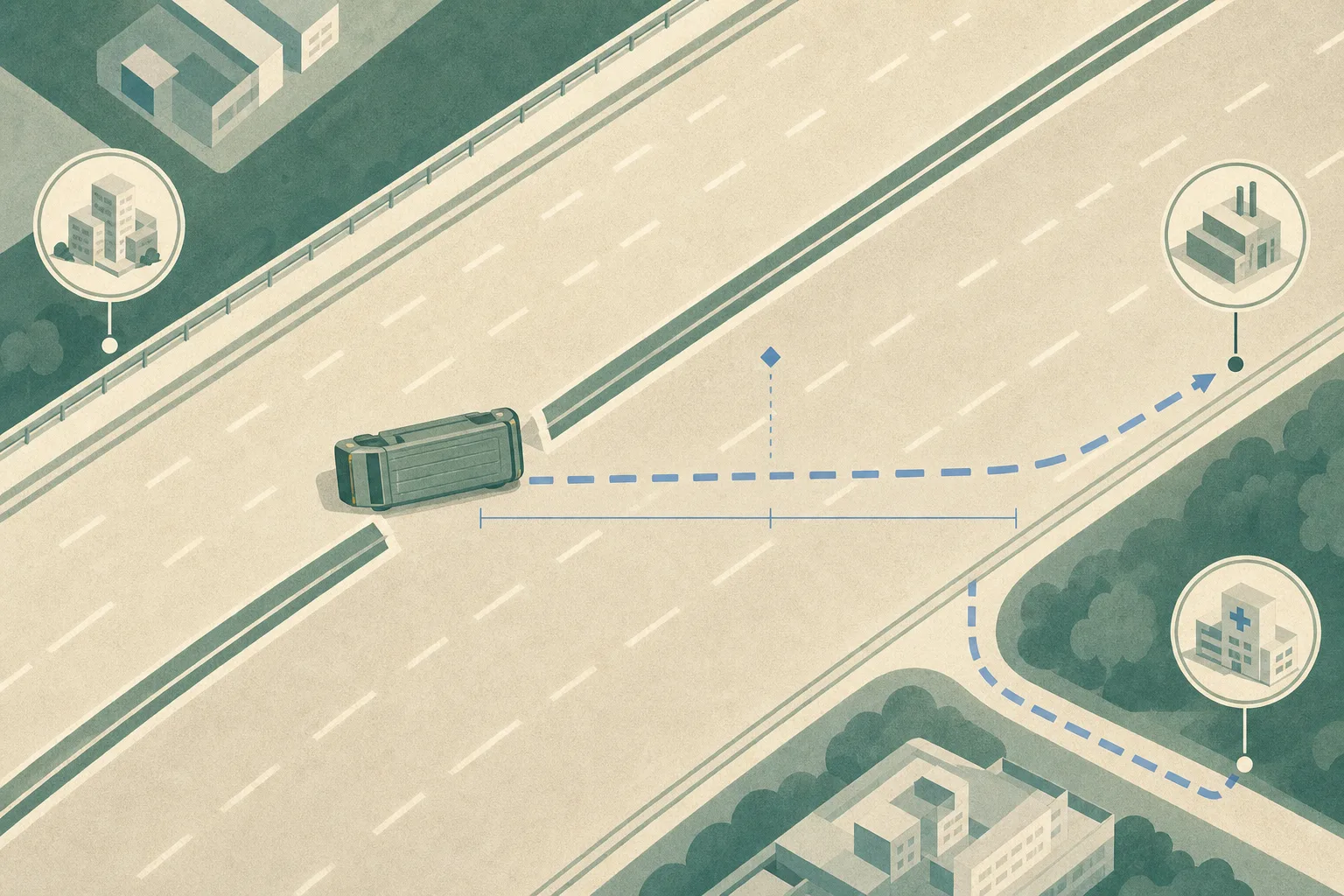 Top-down cut-paper diagram of a divided road with a simplified seven-seater form turned across one lane, an interrupted central divider, a measured route line and a small hospital waypoint.