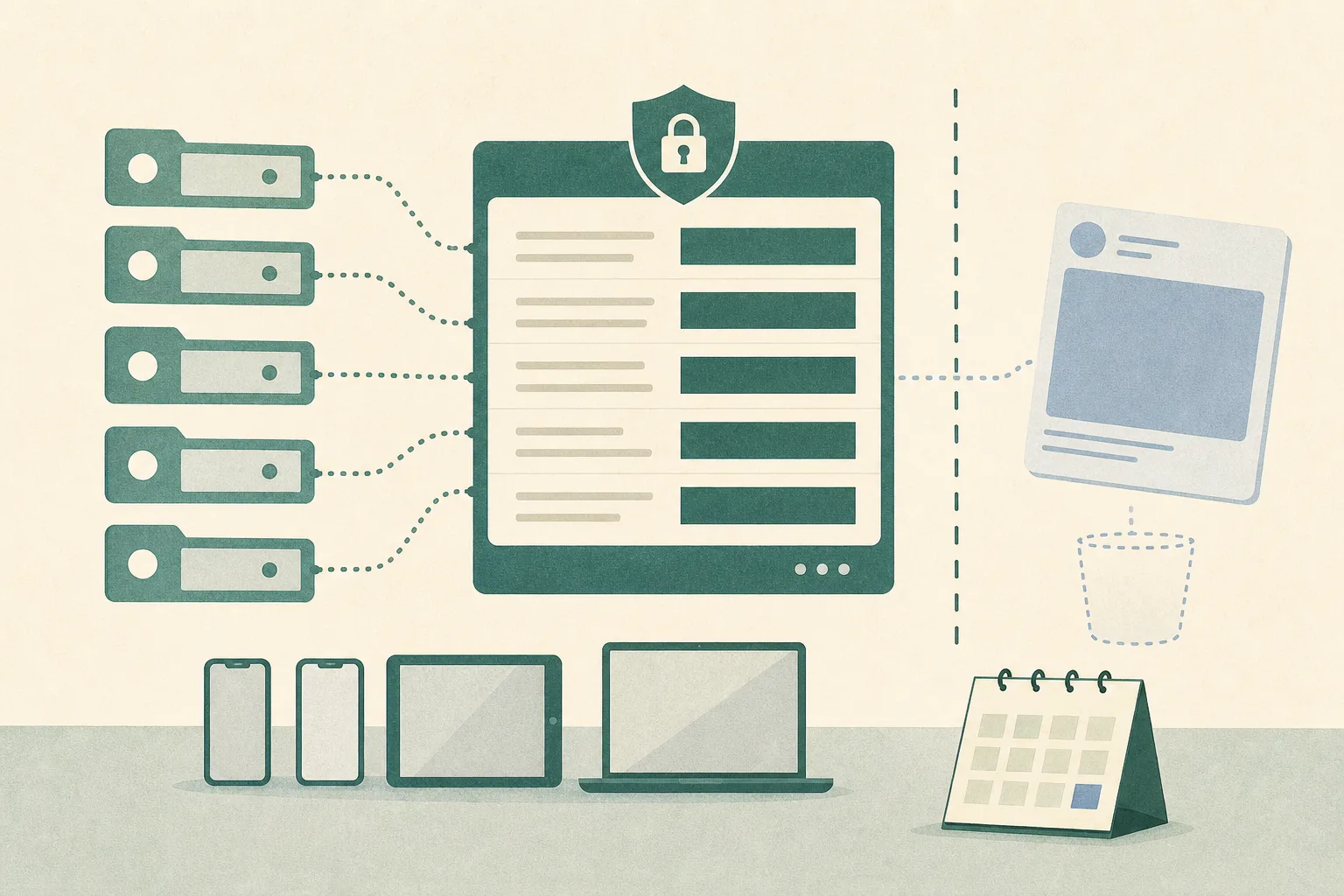 Abstract illustration of a secure civic data panel with five separated access markers, blank redacted record lines, a removed social-media card and simplified mobile and computer devices arranged around a restrained court-process boundary.