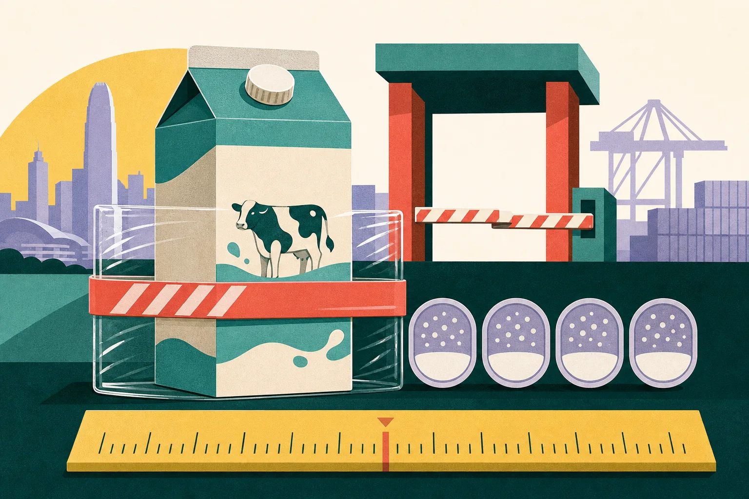 A simplified one-litre milk carton is enclosed behind a clear seal beside four sample markers and a threshold ruler, with a small import checkpoint in the background.