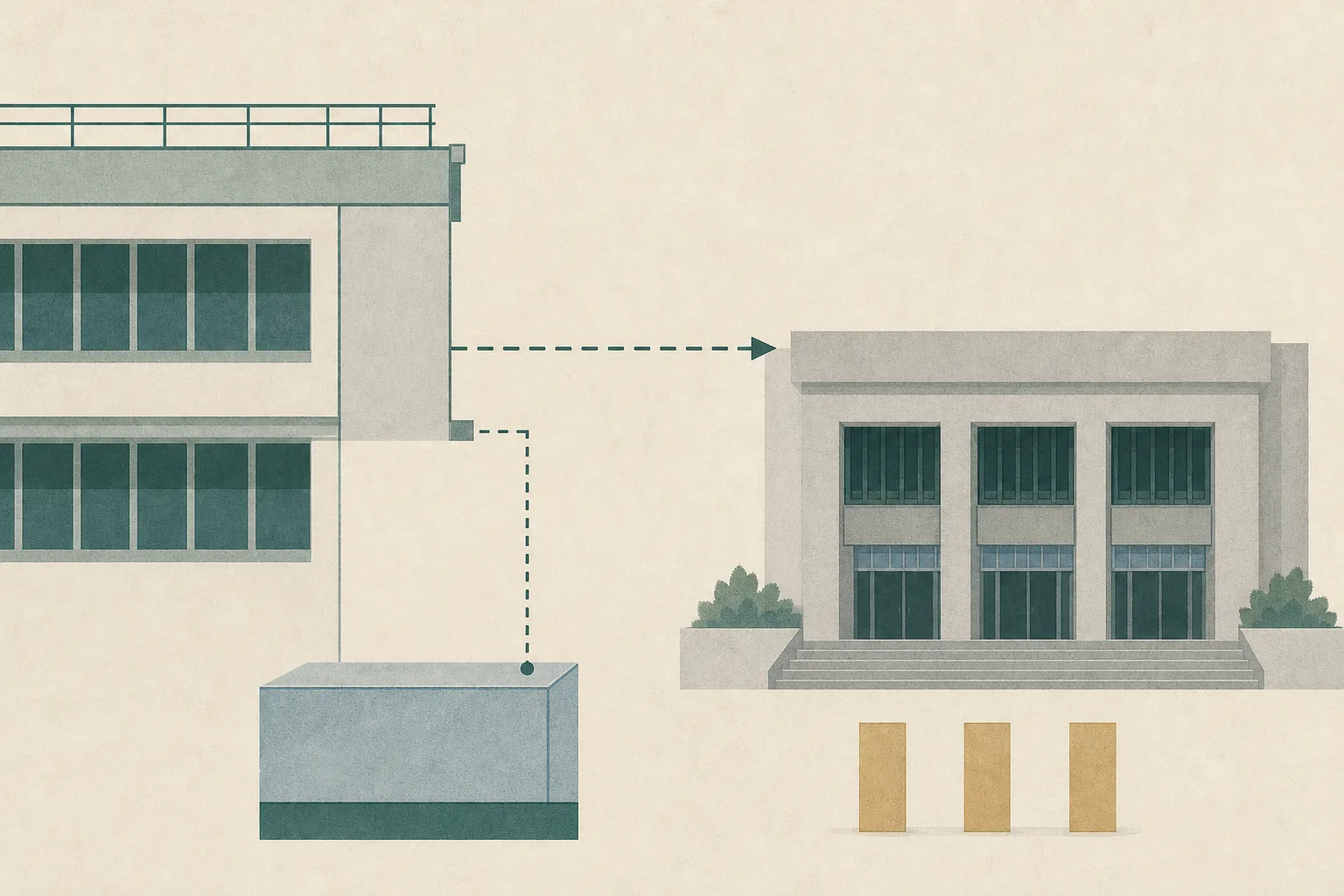 A quiet cut-paper collage of a generic commercial-building roof edge with an empty railing, a separated lower platform, and a simplified courthouse façade linked by a broken line; three muted vertical markers sit near the court entrance.