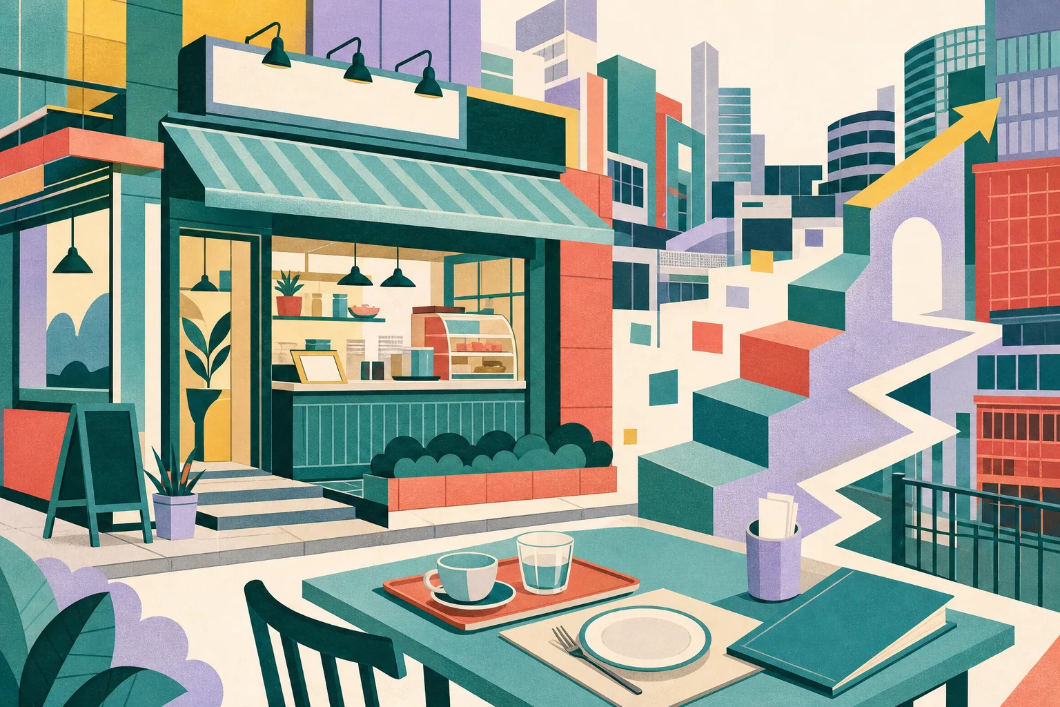 Flat cut-paper illustration of a Hong Kong restaurant frontage with a simple table setting, service counter and connected geometric blocks rising gently through a compact urban streetscape.