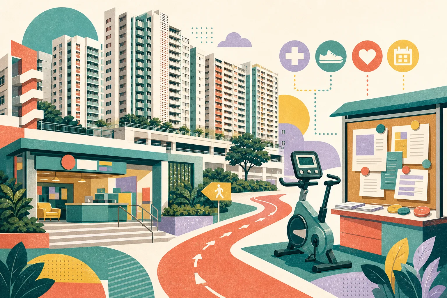Flat cut-paper illustration of public-housing towers surrounding a community service entrance, with a smart stationary exercise bicycle, an open notice board and small healthcare and activity symbols connected across the estate forecourt.