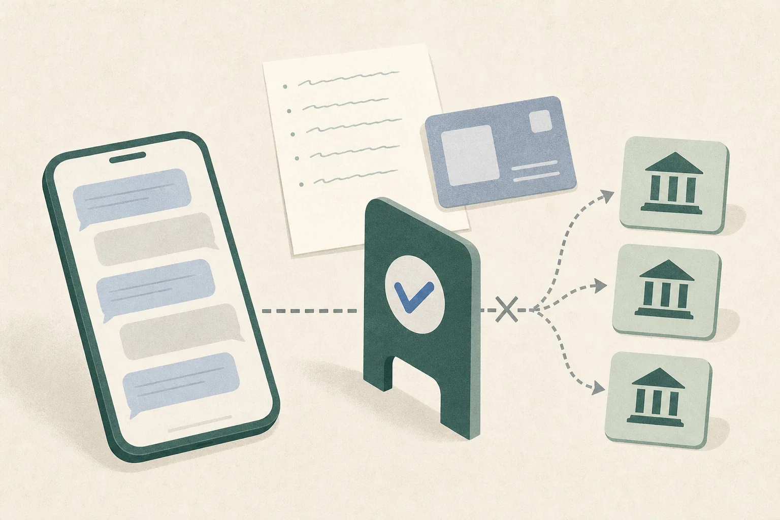 A close-up cut-paper still life of a generic smartphone, abstract message blocks, separated bank-account tiles and blank document shapes, divided by a clear verification barrier on a quiet tabletop.