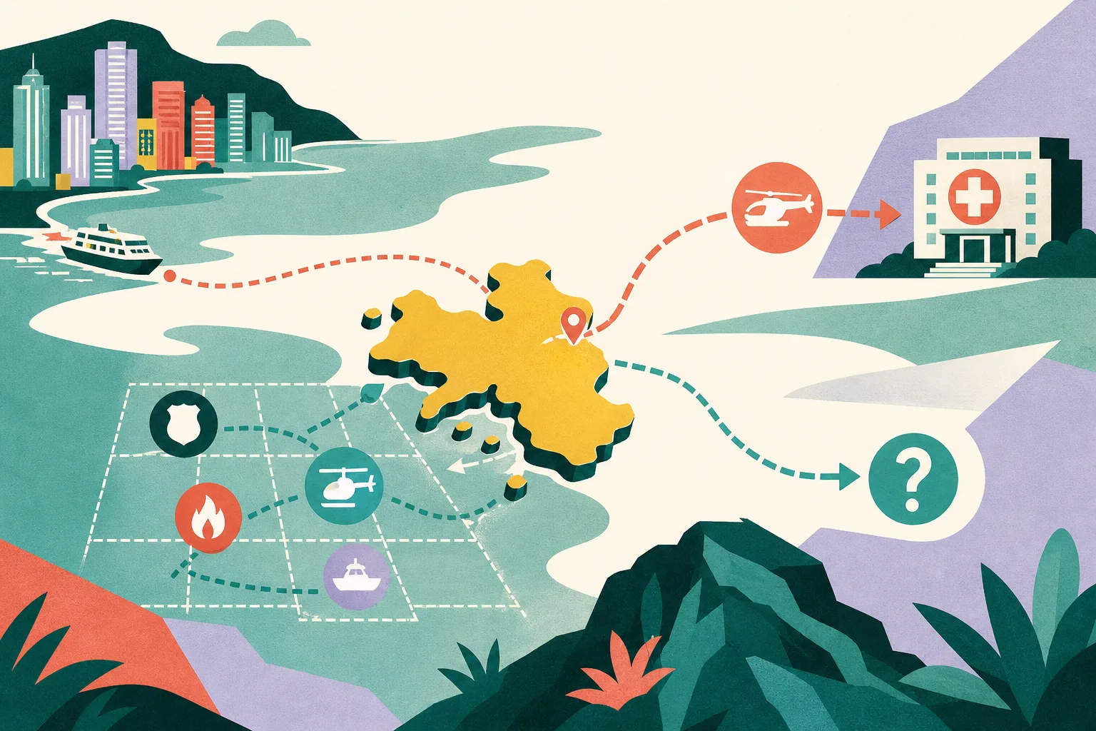 A cut-paper style abstract map diagram shows a simplified island, a schematic ferry route, search grid, and diverging status paths: one toward a hospital symbol beside a helicopter route and another ending at an open appeal marker.