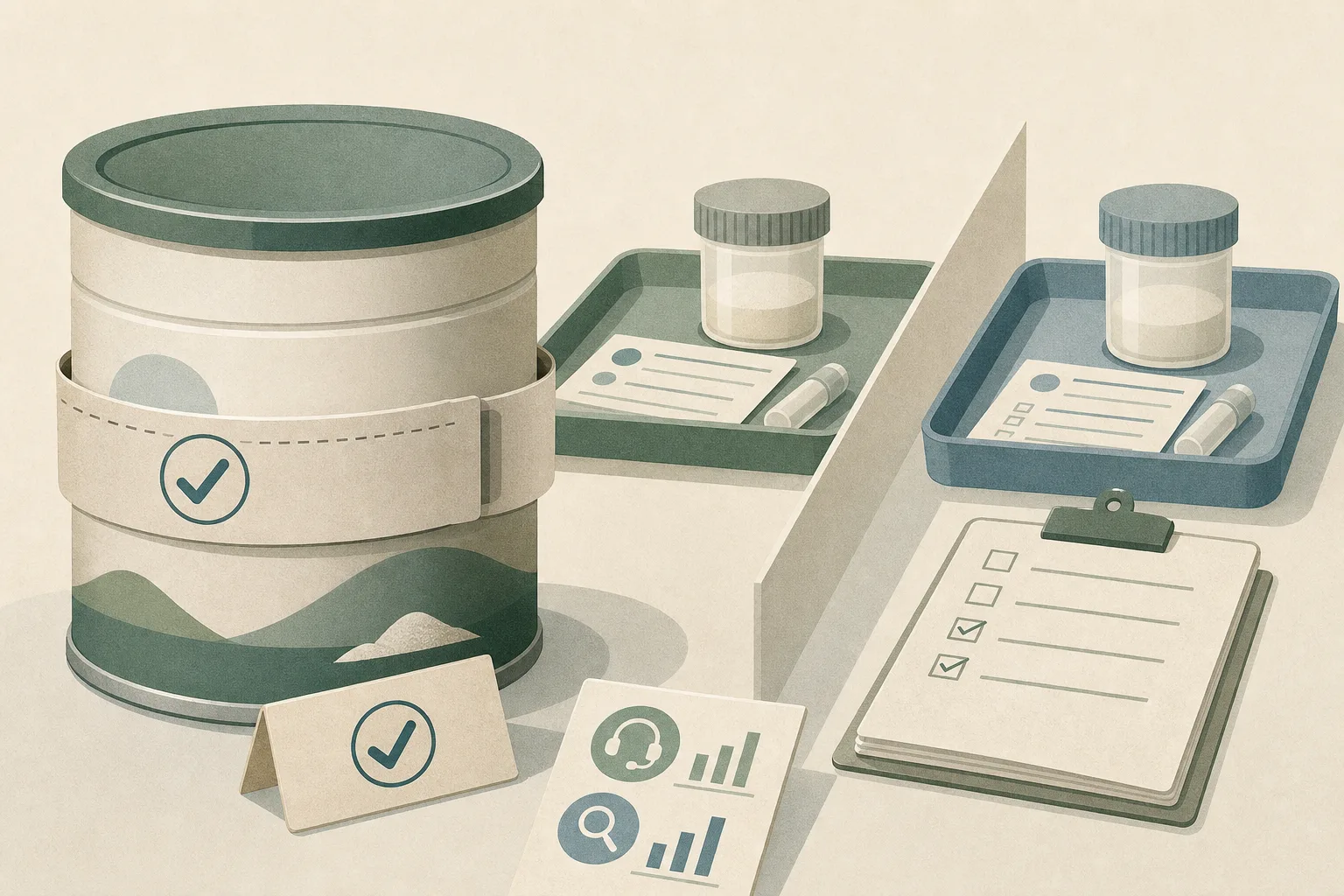 An unopened generic 800-gram infant-formula tin with batch code 1W07KPJ behind a neutral recall band, beside sample containers and a checklist on two separate testing trays divided by a clear line.