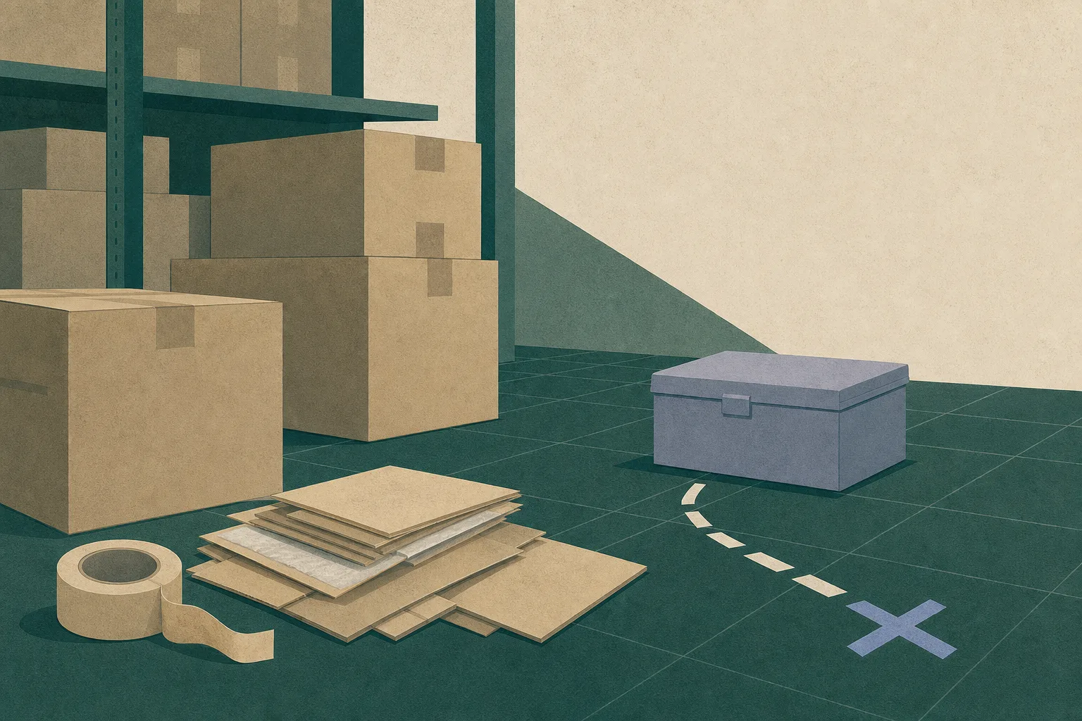 Unbranded cardboard cartons, folded packing materials and a roll of adhesive tape sit on a cool blue-grey industrial shelf beside a simple blocked route marker, rendered as clean cut-paper shapes with subtle screen-print texture.