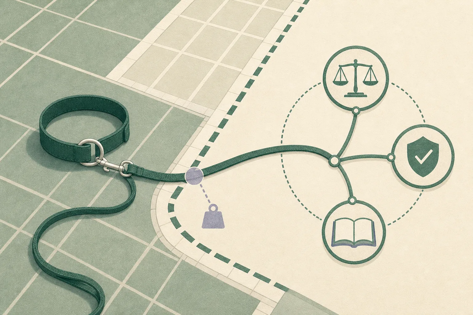 A cut-paper civic diagram shows a coiled dog lead and collar ring crossing a marked public-footpath boundary, linked to three abstract review and oversight nodes, with a small 20kg marker.