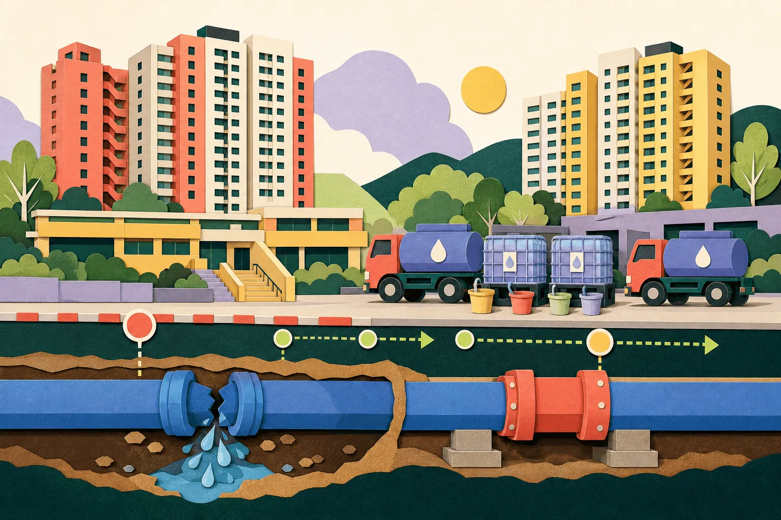 Cut-paper illustration of simplified Tai Po residential blocks above a cross-section water main with a small leak, alongside two water wagons, temporary water tanks and buckets; geometric timing markers indicate a planned overnight repair and a target for restoring supply.