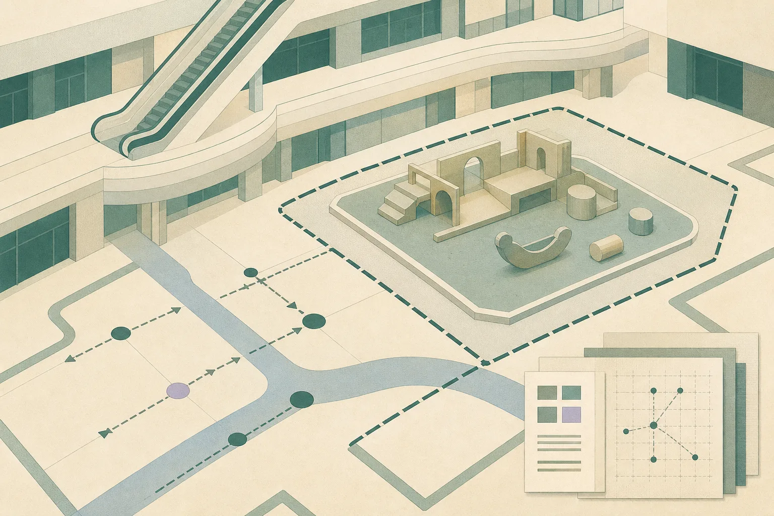 Abstract cut-paper illustration of an empty modular play area within a simplified shopping-mall floor plan, divided by a geometric boundary and paired with a quiet investigation grid.