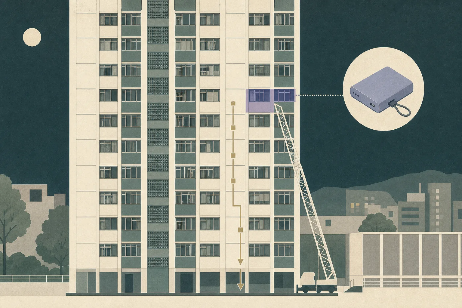 Flat architectural illustration of a high-rise residential block at night, with one ninth-floor unit marked, a restrained aerial ladder outside the façade, and abstract evacuation paths descending through the building.