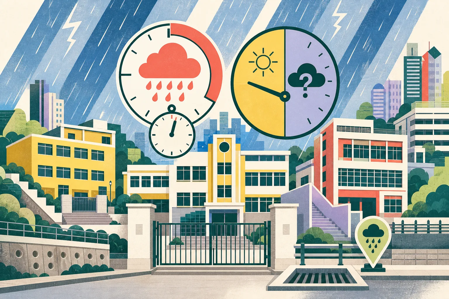 A cut-paper Hong Kong streetscape shows closed school buildings beneath layered blue rain bands, beside a soft-coral warning gauge and a split AM/PM clock; a small drain and reporting marker sit along the street edge.