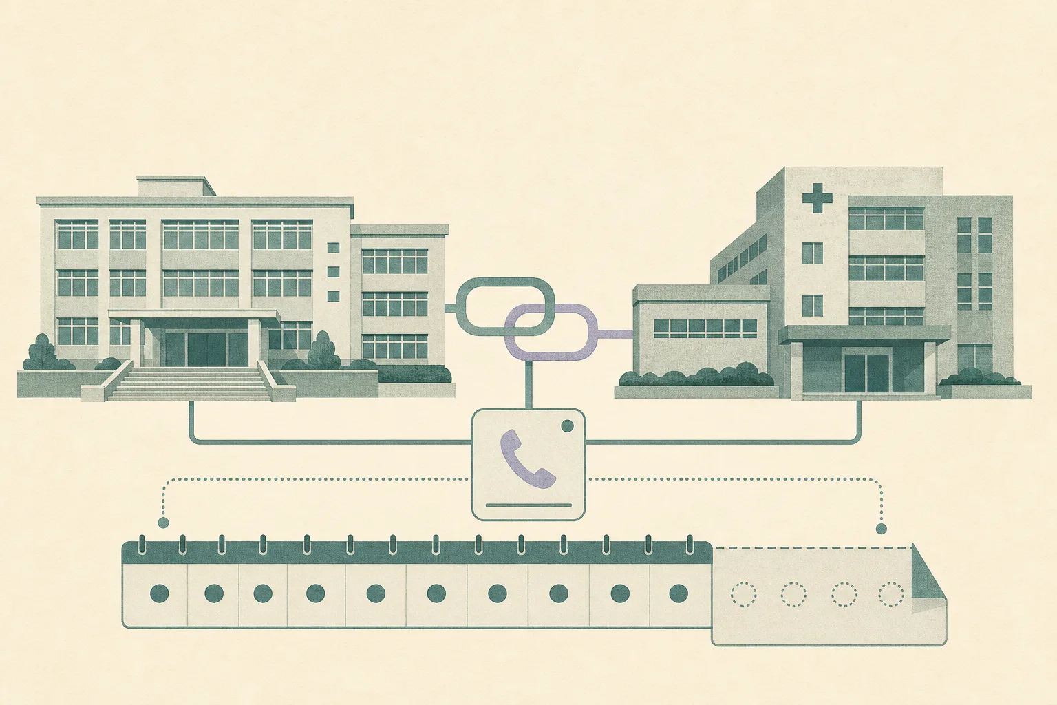 A simplified primary-school building connects through a calm geometric pathway to a specialist clinic block and a small hotline panel, alongside an open-ended calendar strip suggesting continuation of a support trial.