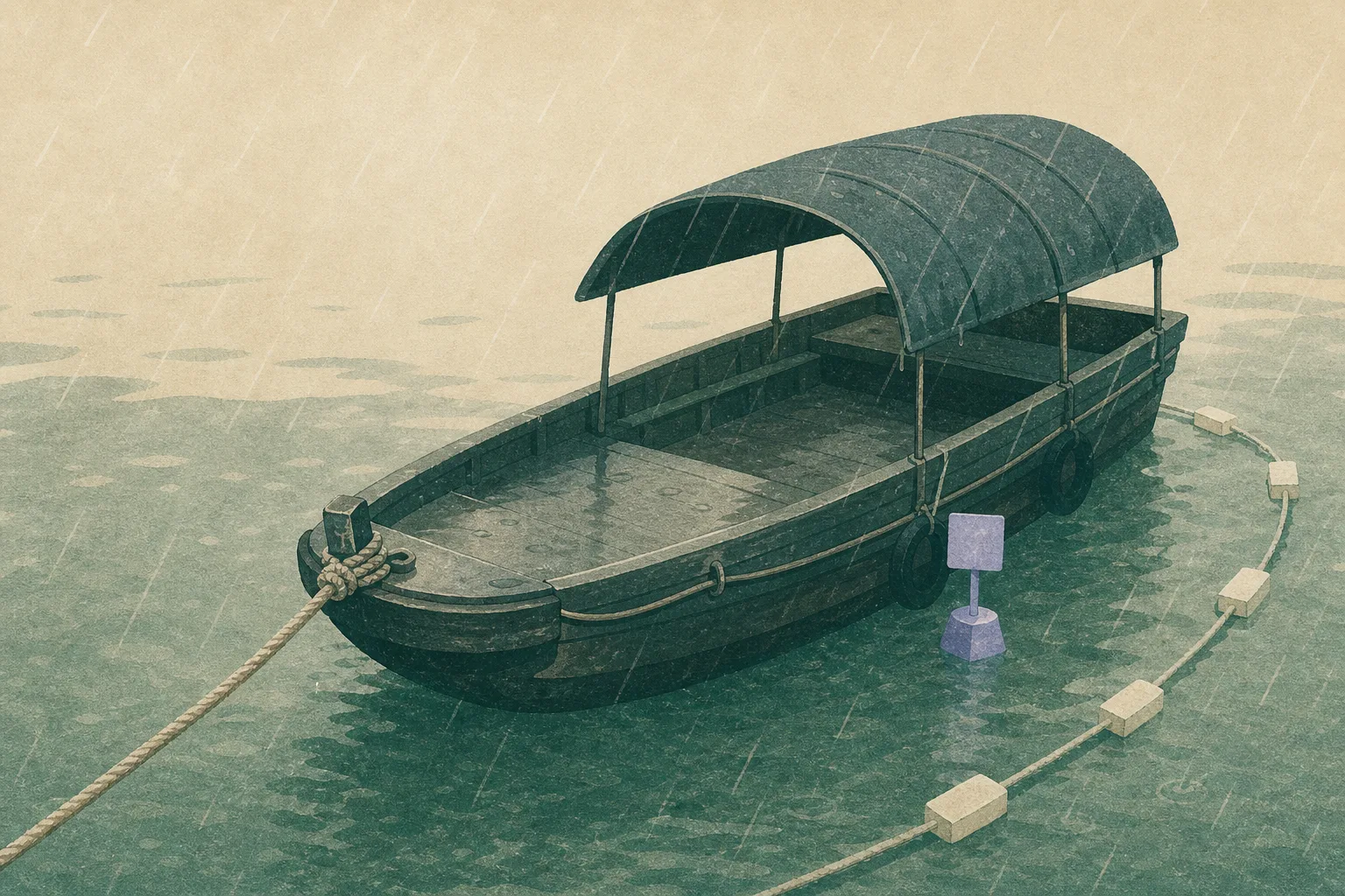Close illustration of an empty motorized sampan secured beside a rain-darkened marine surface, with a tow line and a small inspection tag visible; no people are shown.
