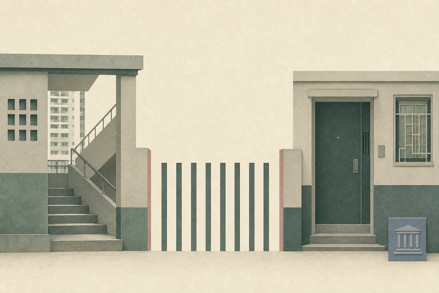 A sparse cut-paper architectural illustration shows an empty public-housing stairwell on one side and a closed flat doorway on the other, divided by a clean gap and accompanied by eight vertical bars and a small neutral court-document shape.