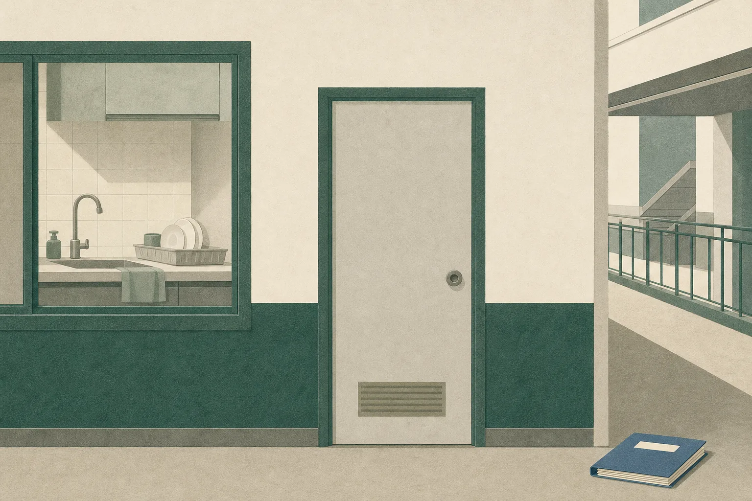 Flat cut-paper illustration of a generic restricted workplace room with a sink, a few dishes, a closed doorway and a corridor edge, accompanied by an abstract court file outside the room.