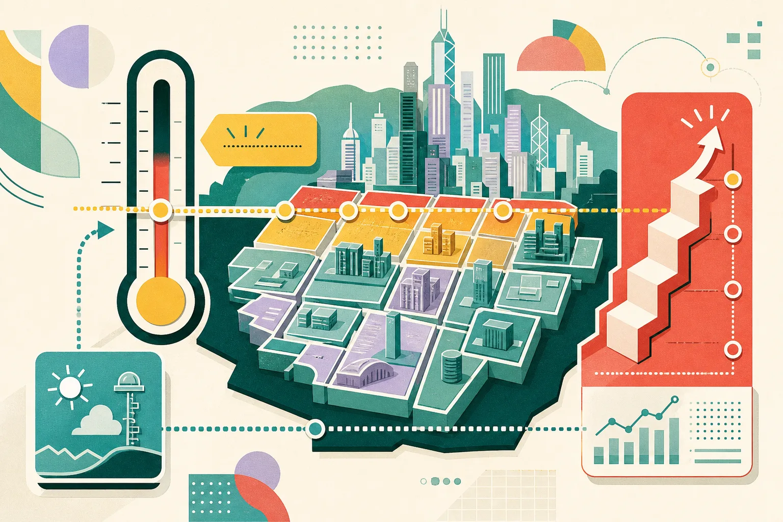 An abstract Hong Kong civic monitoring diagram shows a grid of district blocks approaching a 35°C marker beside a stepped warning gauge and a separate extreme-heat observation input, rendered in flat geometric shapes with muted ochre, dusty teal, mineral blue and soft coral accents.