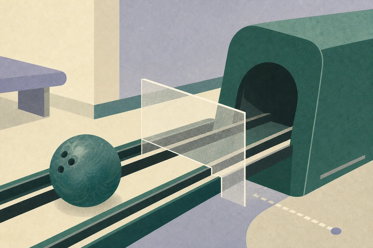 A simplified bowling-ball return machine sits alone in a muted clubhouse setting, with one bowling ball on the track and a translucent geometric boundary interrupting the mechanism.