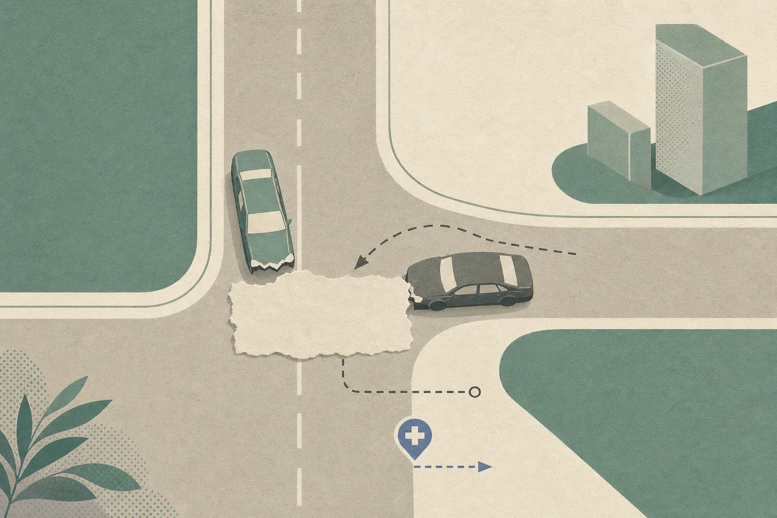 Abstract cut-paper diagram of two roads meeting near Wun Tau Kok, with a turning taxi shape, an oncoming generic vehicle shape, muted front-end interruptions, a hospital route marker and an open-ended investigation line.