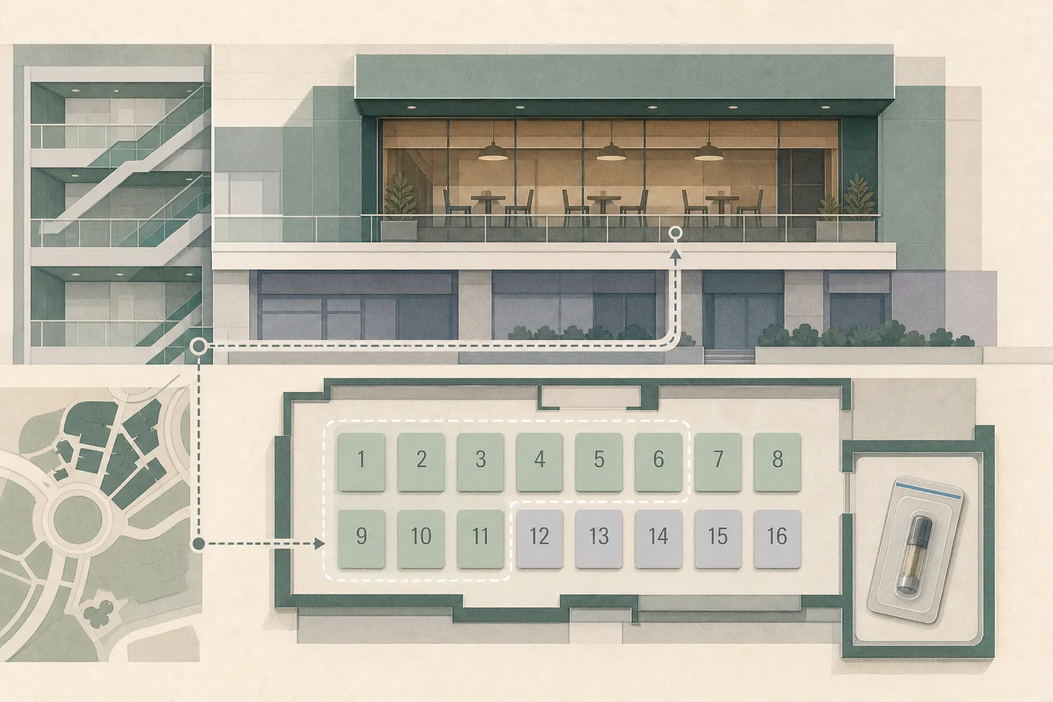 A restrained cut-paper illustration of a multi-storey shopping complex with a highlighted third-floor restaurant frontage, separated geometric case tiles, an isolated sealed cartridge-shaped exhibit form and thin inspection-route lines.