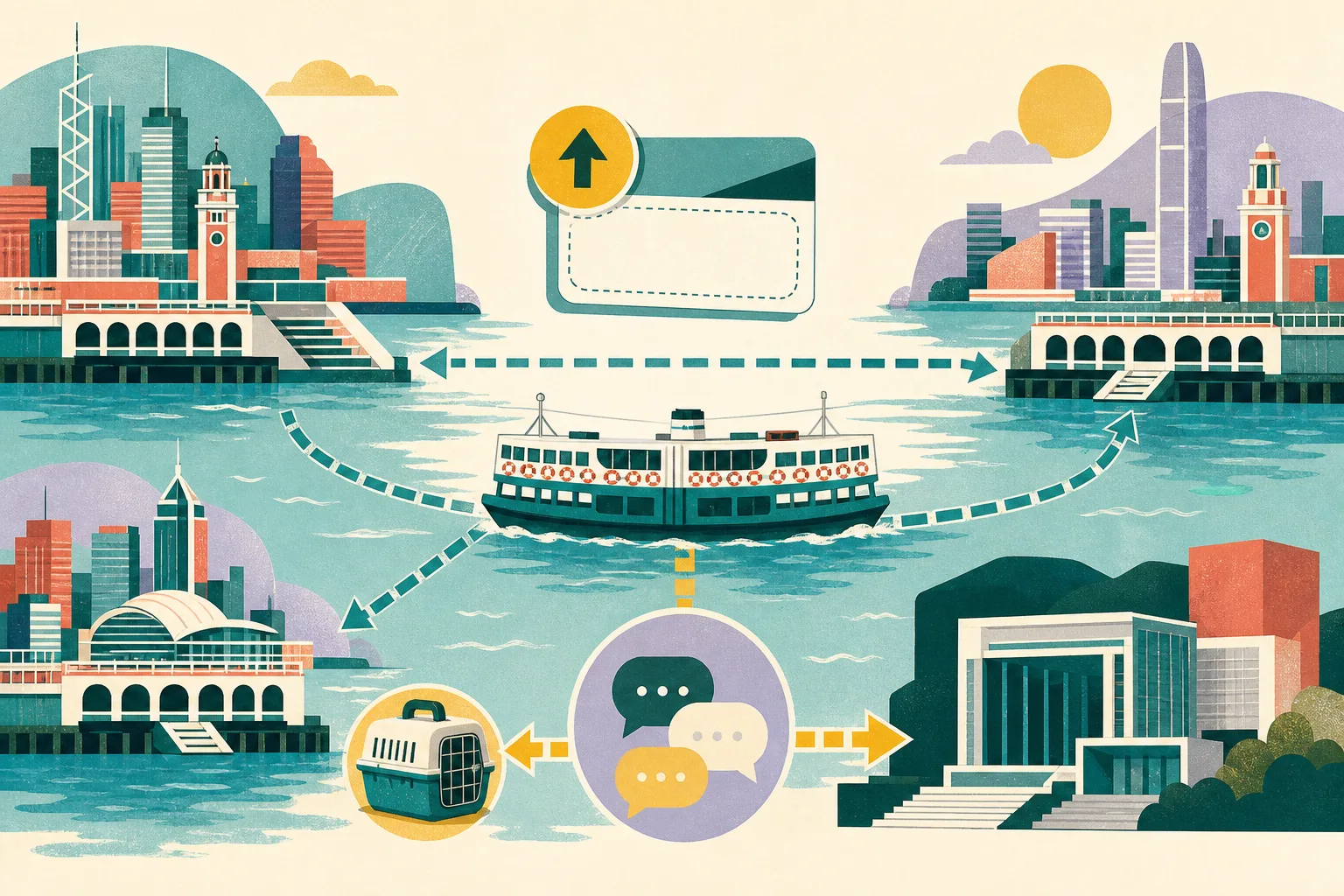 A cut-paper harbour collage shows a simplified ferry moving between three geometric piers, two route lines converging on Tsim Sha Tsui, a blank fare card, a civic recommendation marker and a small pet carrier.