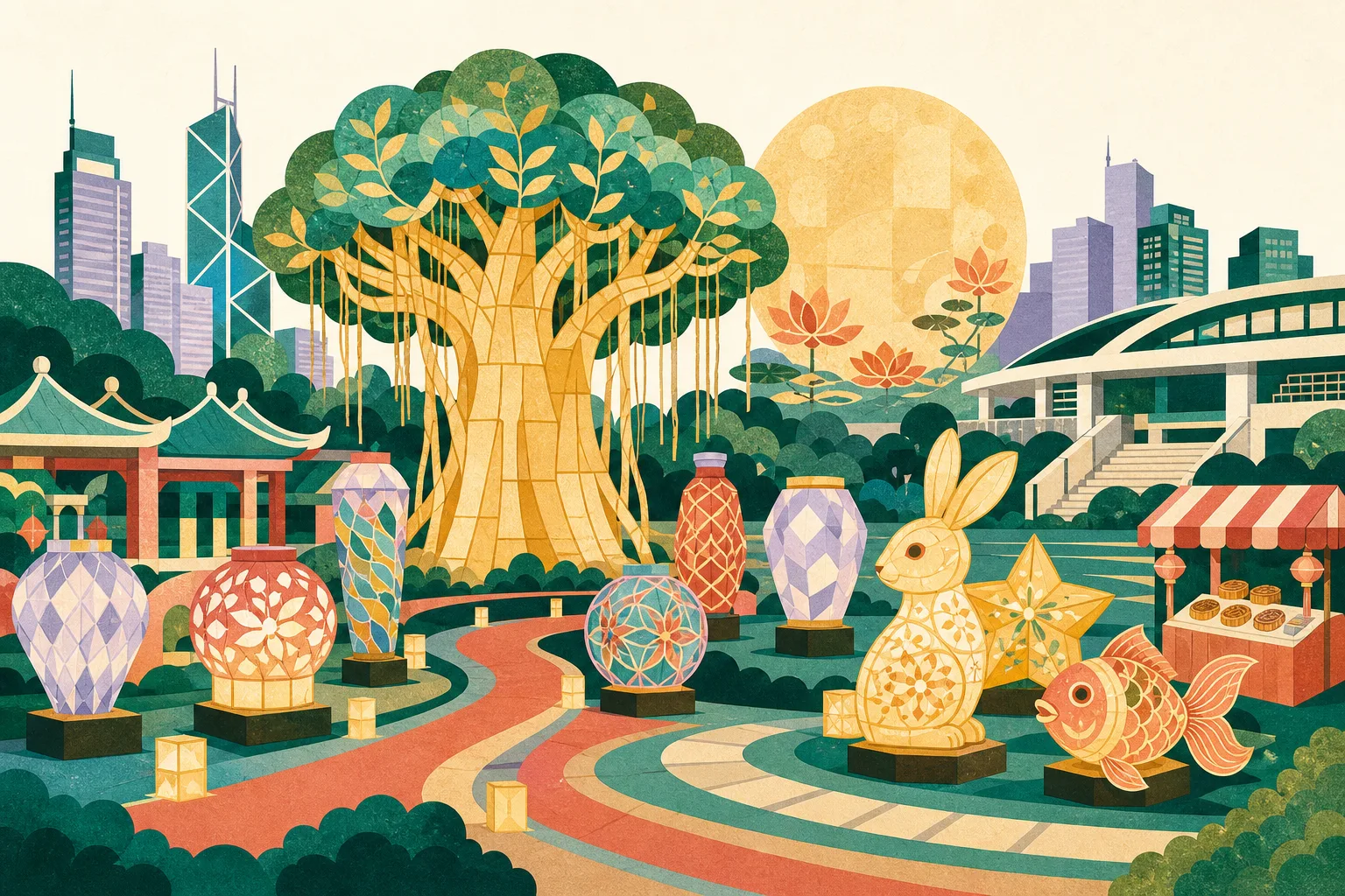 Flat cut-paper illustration of a park lantern boulevard with a tall banyan-tree lantern, a large moon and lotus motifs, varied international lantern forms, a cluster of handmade rabbit, star-fruit and goldfish lanterns, and a small mooncake-market stall.