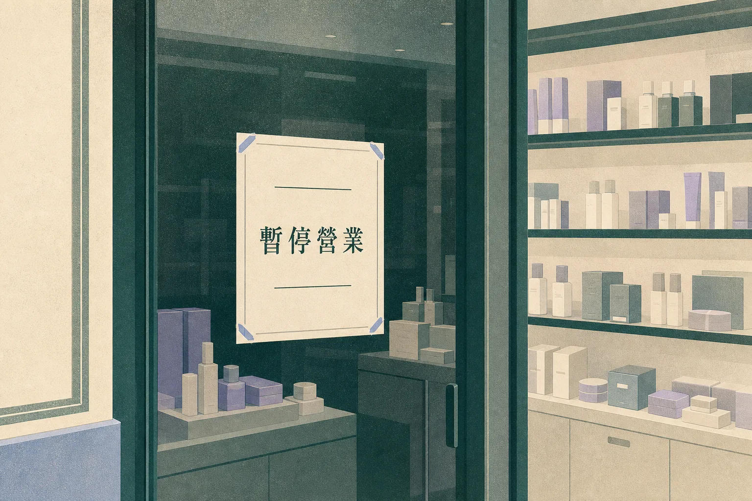 Close view of a shopping-mall beauty shop behind glass, with a Chinese temporary-closure notice on the storefront, dark interior lights and orderly cosmetic products visible on shelves.