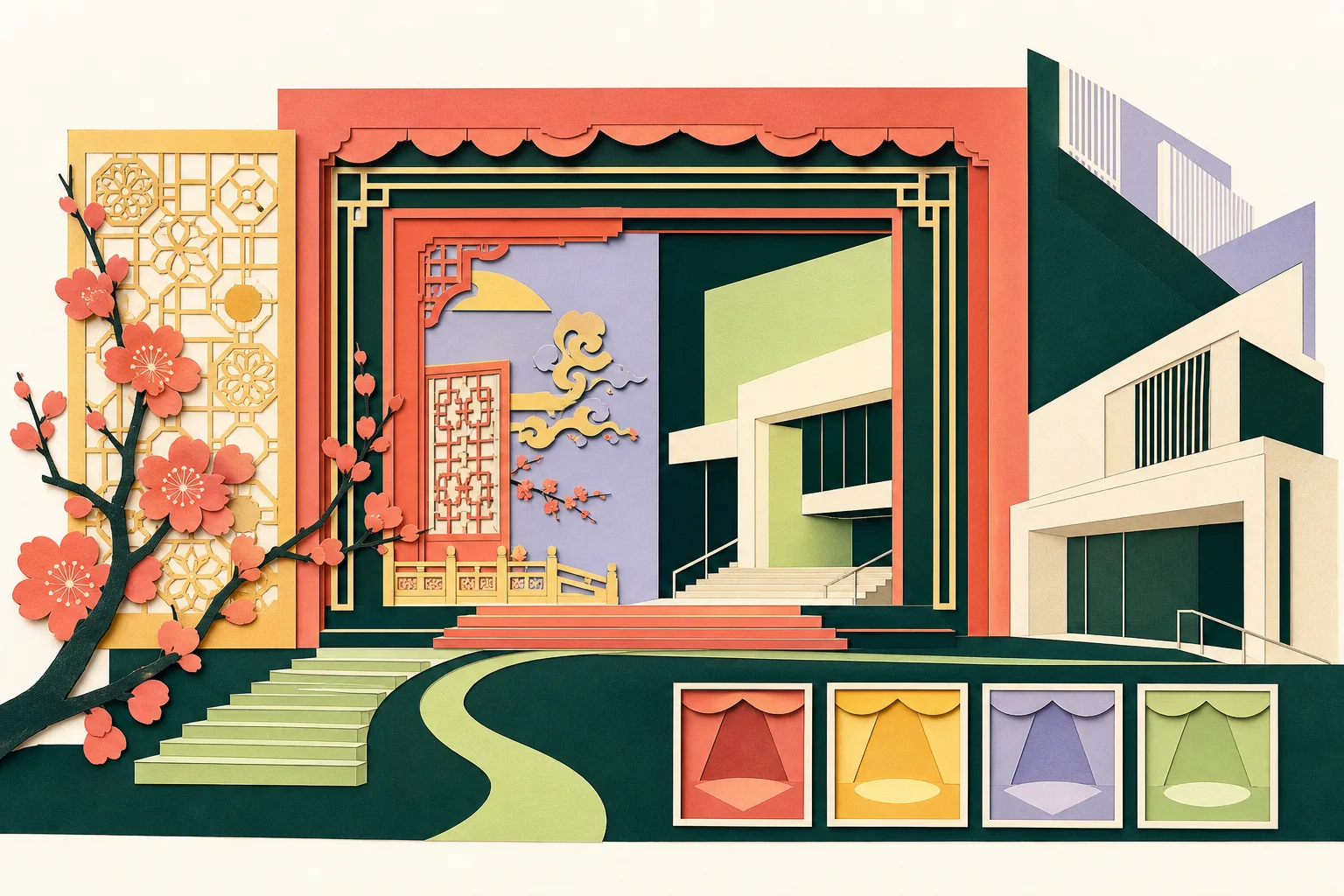 A cut-paper illustration of a simplified West Kowloon theatre entrance opening into nested stage frames, combining contemporary geometric architecture, Tang-inspired decorative panels and a small peach-blossom motif in coral, ochre, teal and mineral blue.