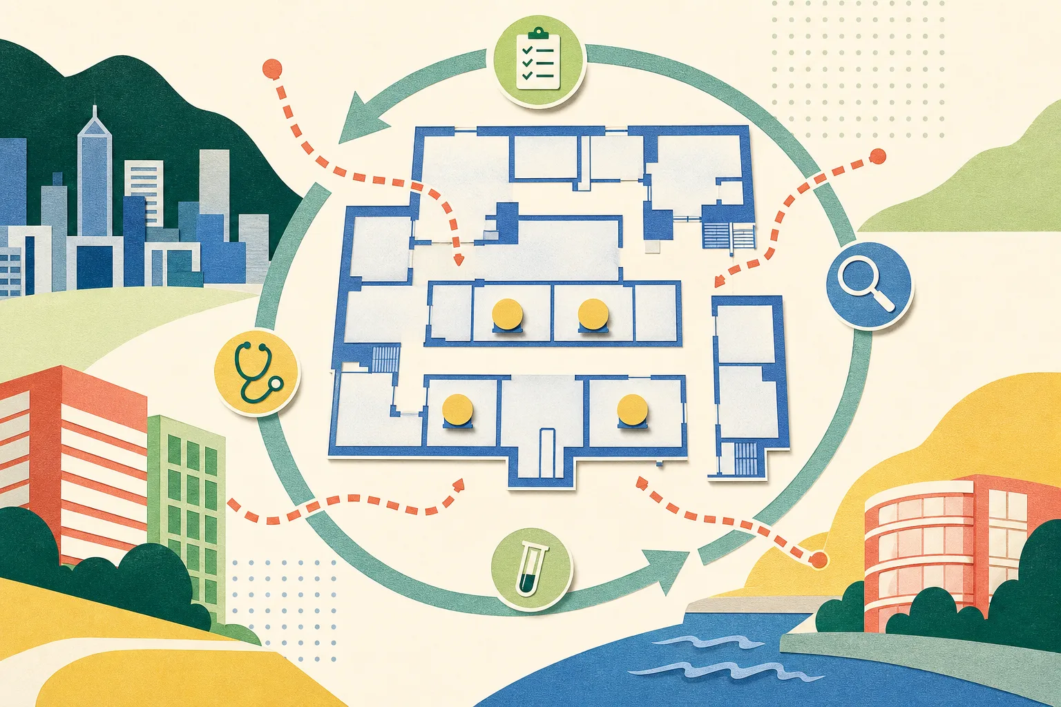An abstract cut-paper care-home floor-plan diagram with four neutral geometric markers, a paired set on one horizontal band, an organised screening sweep, and broken route lines that do not identify a source.