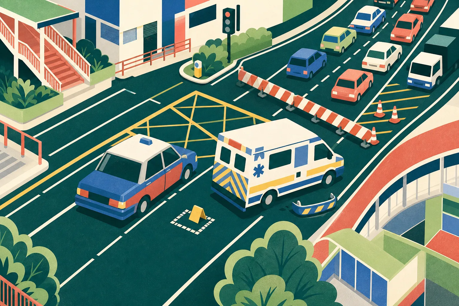 Flat cut-paper illustration of a Hong Kong road junction with simplified taxi and ambulance forms, a detached rear bumper, temporary lane-closure markings and compact traffic blocks.