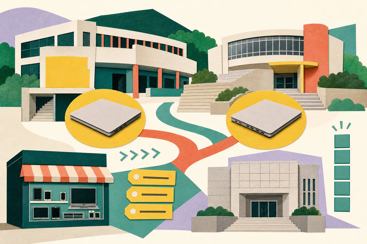A cut-paper civic collage shows two simplified laptops beside abstract HKUST campus buildings, value markers for HK$5,499, HK$9,300 and HK$14,799, a generic second-hand electronics storefront, and a Kwun Tong Magistrates’ Court block with a five-segment sentence marker.