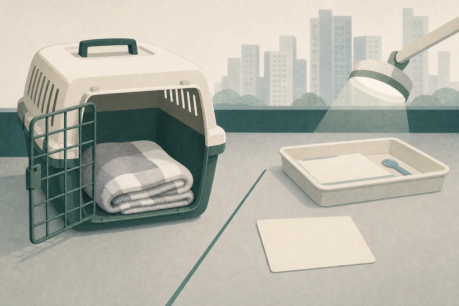A quiet cut-paper still life shows an empty pet carrier with a folded grey-and-white towel beside a simple veterinary intake tray and an unmarked case-file card, separated by a clean geometric line, with muted residential towers in the background.