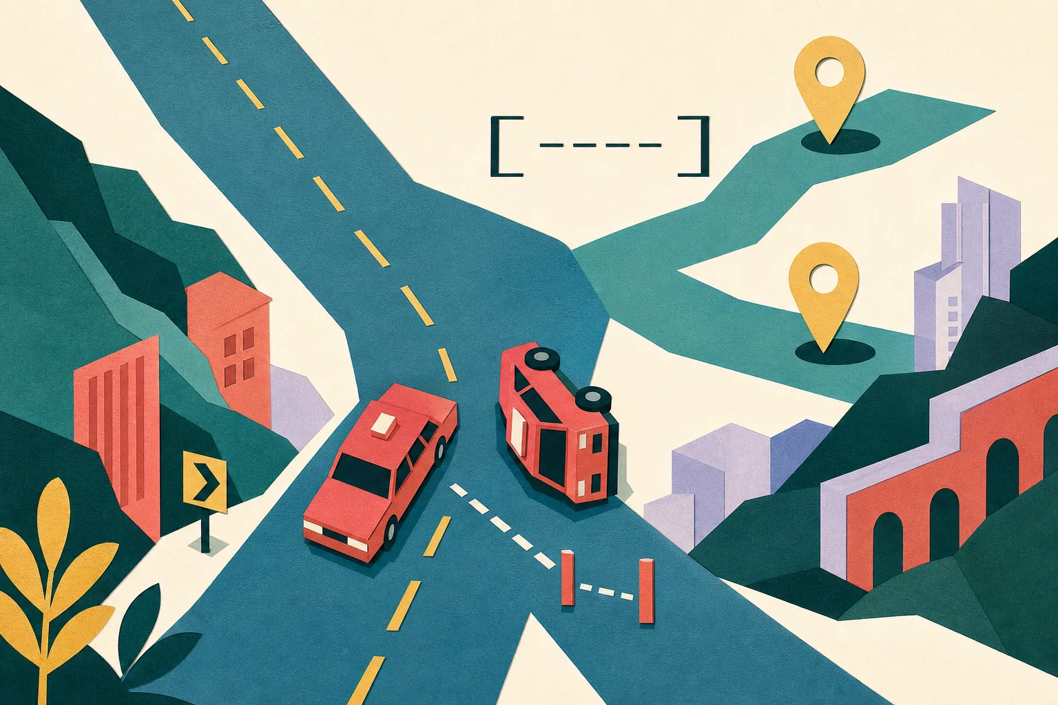 A cut-paper road diagram shows two simplified taxi shapes at an ambiguous crossing, one rotated onto its side, with branching route lines, offset location markers and a small unresolved investigation symbol.