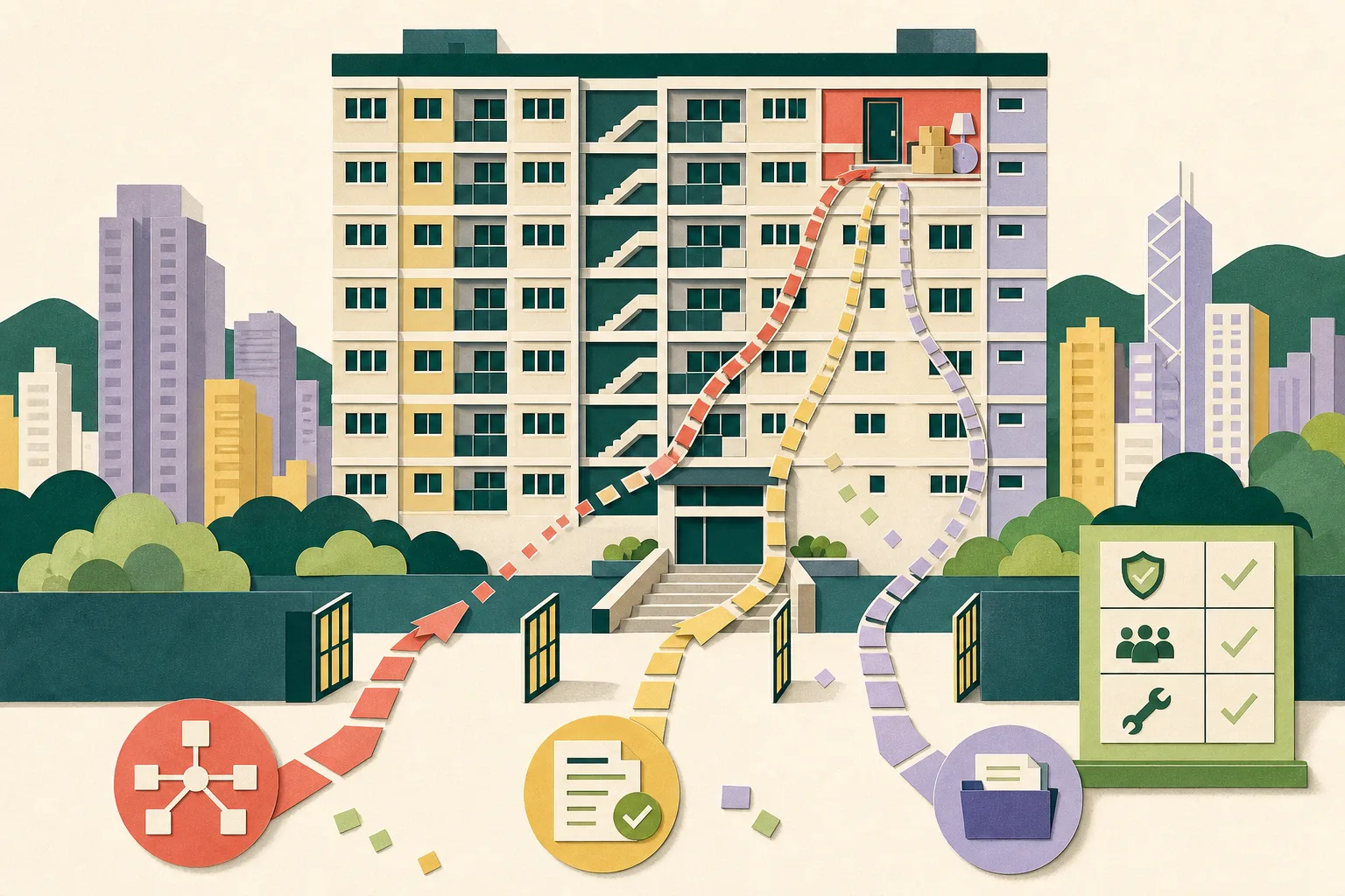 Cut-paper illustration of a simplified high-rise residential block with one highlighted upper-floor doorway, moving boxes, branching access routes, and interrupted connector lines between the building entrance and several application channels.