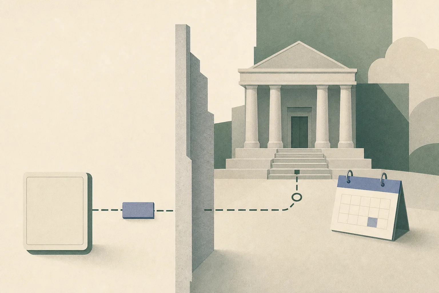 Abstract cut-paper illustration showing two blank sealed message panels separated by a boundary line, a small interrupted process marker, and a simplified magistrates’ court entrance connected by a broken route line.