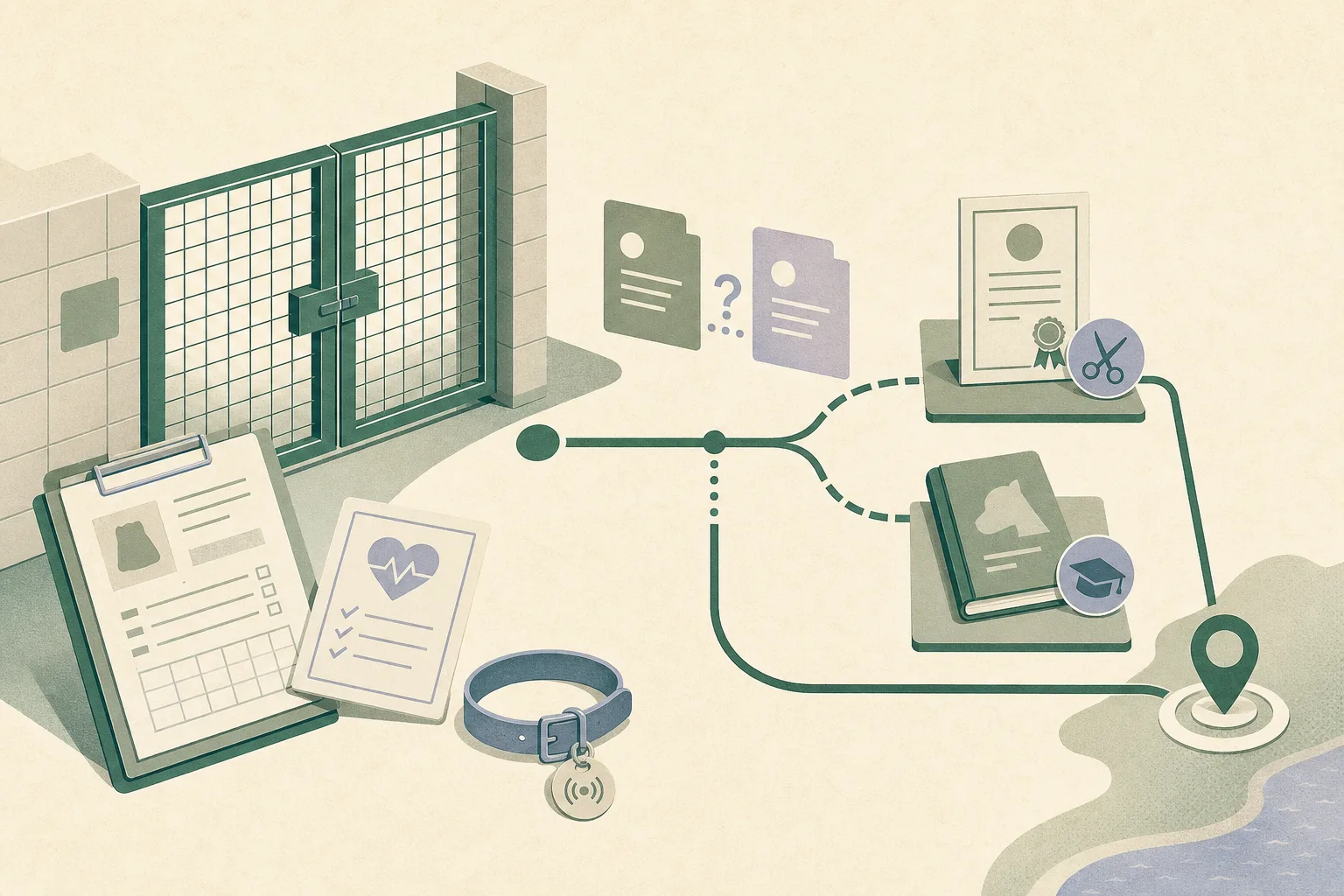 A cut-paper diagram shows a closed animal-management gate beside an intake file, veterinary assessment card, unidentified collar with microchip tag and a pathway marked by a veterinary certificate and training manual toward a possible return point; offset tabs and a question mark indicate an unsett보