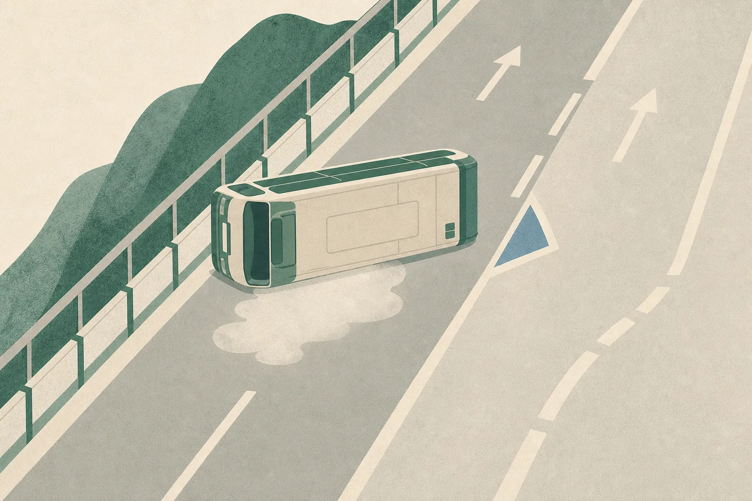 A flat diagrammatic illustration shows a simplified public minibus lying on its side across pale road lanes beside a low barrier, with a translucent white smoke shape beneath it and an understated directional route toward Tsuen Wan.