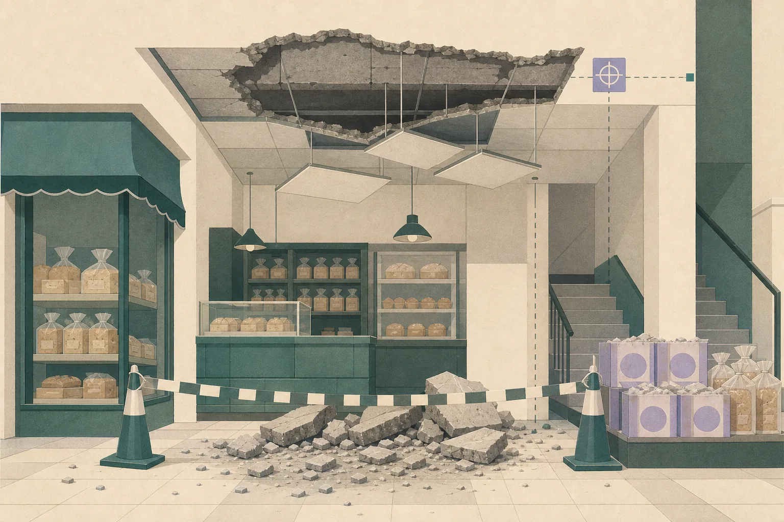 Flat cut-paper illustration of a bakery interior with a rectangular section of concrete ceiling missing, suspended ceiling panels hanging below it, fragments scattered on the floor beside dust-covered bread and mooncake packages, and a simple cordon across the affected area.