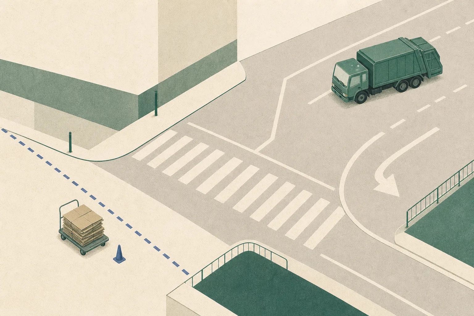 Abstract cut-paper diagram of an urban road junction with an empty pedestrian crossing, a separated refuse truck, an unattended handcart carrying cardboard and a restrained boundary line.