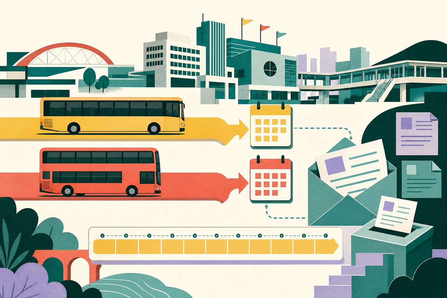 Flat cut-paper illustration of two unbranded city buses travelling on parallel geometric route bands toward separate March 2027 and July 2027 date markers, with a segmented ten-year planning band, an open comment envelope and abstract civic buildings in the background.