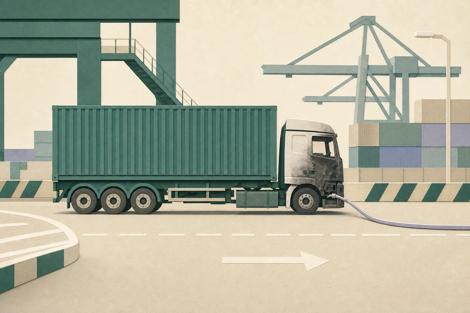 Flat cut-paper illustration of a stationary lorry beside simplified container-terminal structures, with a darkened damaged cab and an inactive fire hose directed toward it across an otherwise empty roadway.