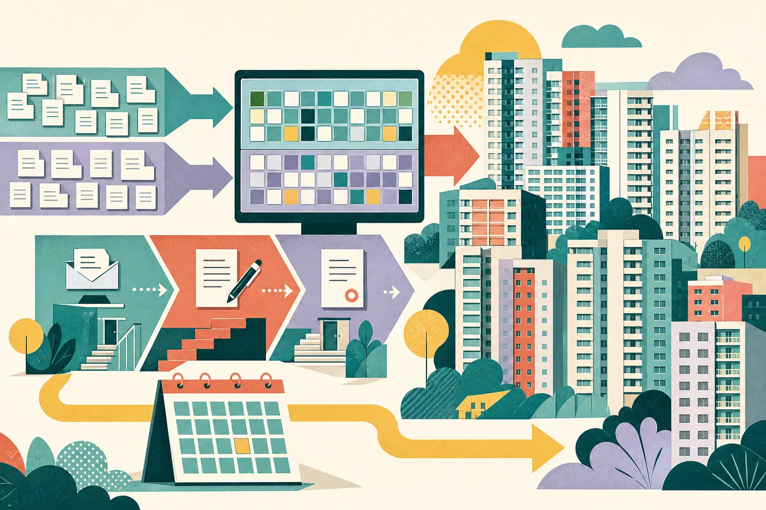 A cut-paper civic collage of generic residential blocks, acceptance-letter shapes and a two-lane ordering grid leading through three linked administrative stages toward a calendar marker for flat selection. Dusty teal, muted ochre, soft coral and mineral blue accents sit against generous warm space.