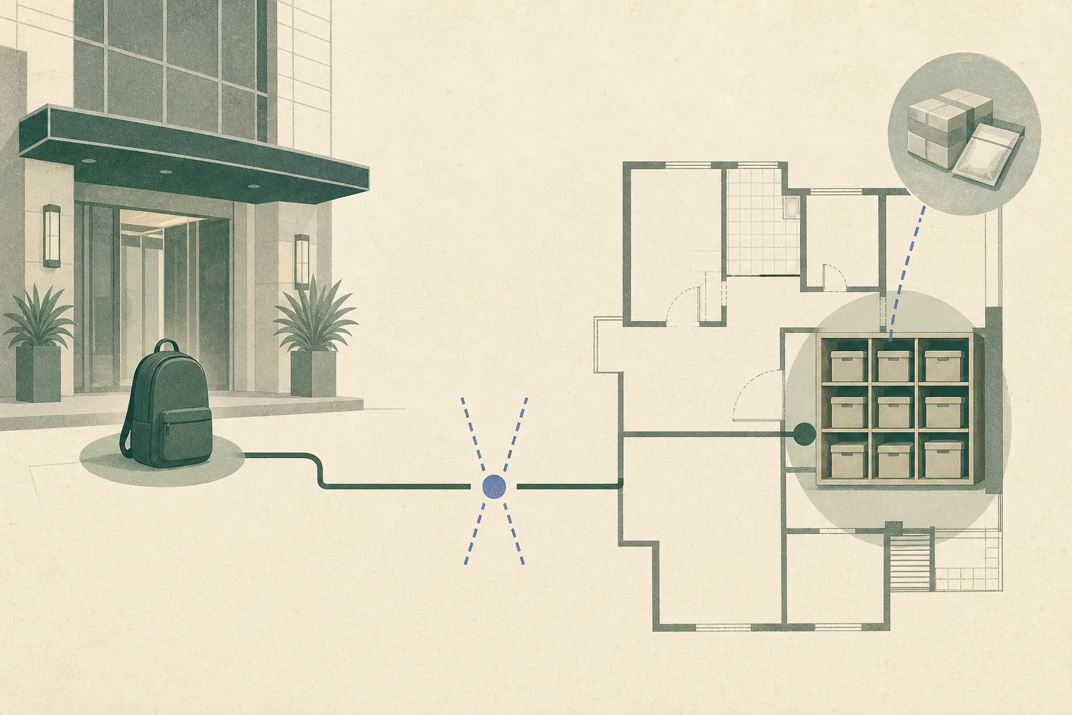 A quiet diagram links a simplified Central hotel entrance and closed backpack to a Mong Kok residential floor grid containing sealed neutral parcels, with an interrupted route line and evidence boundary between the two locations.