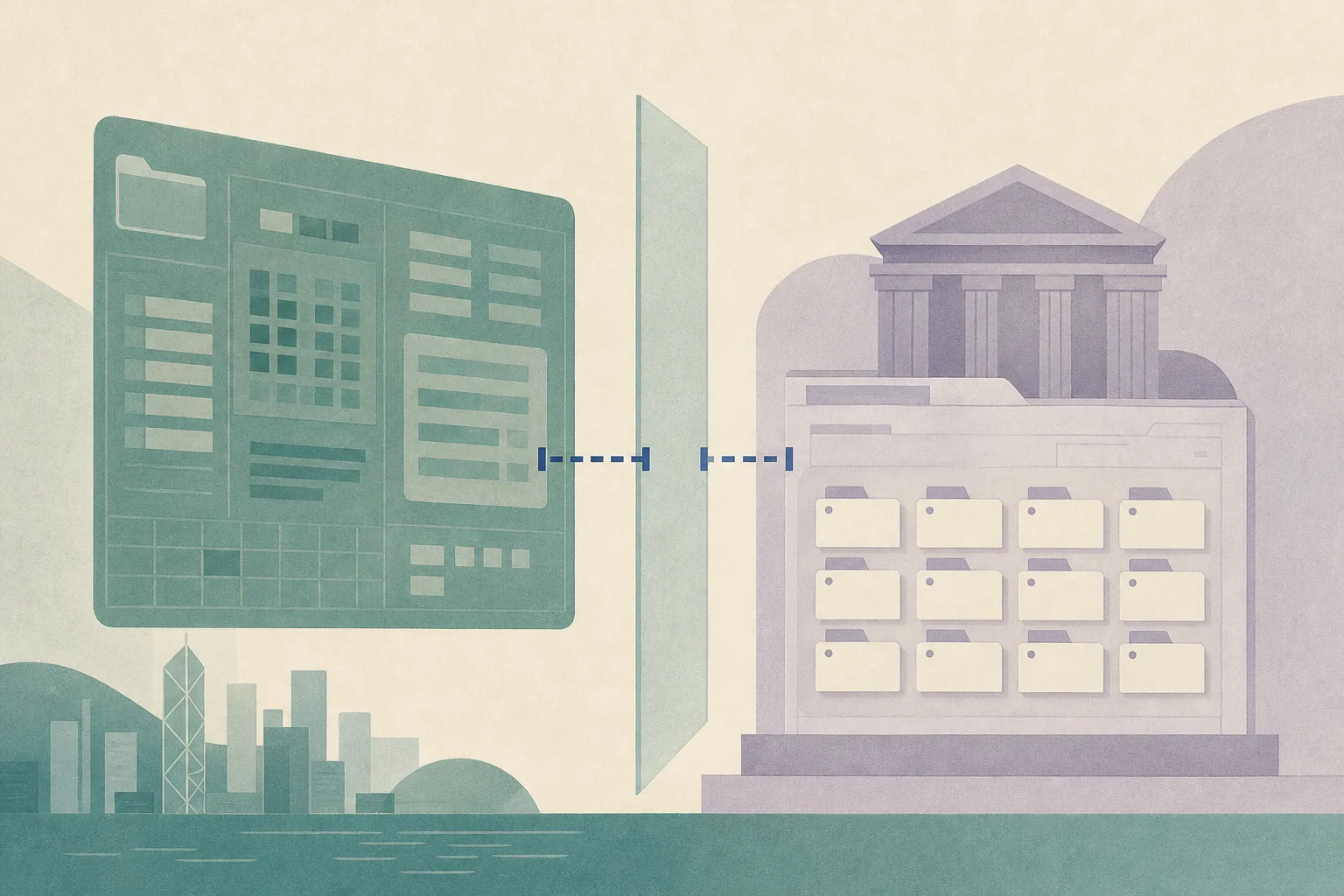 Abstract illustration of a separated institutional data grid and courthouse process panel, linked by an interrupted line and twelve neutral docket marks.