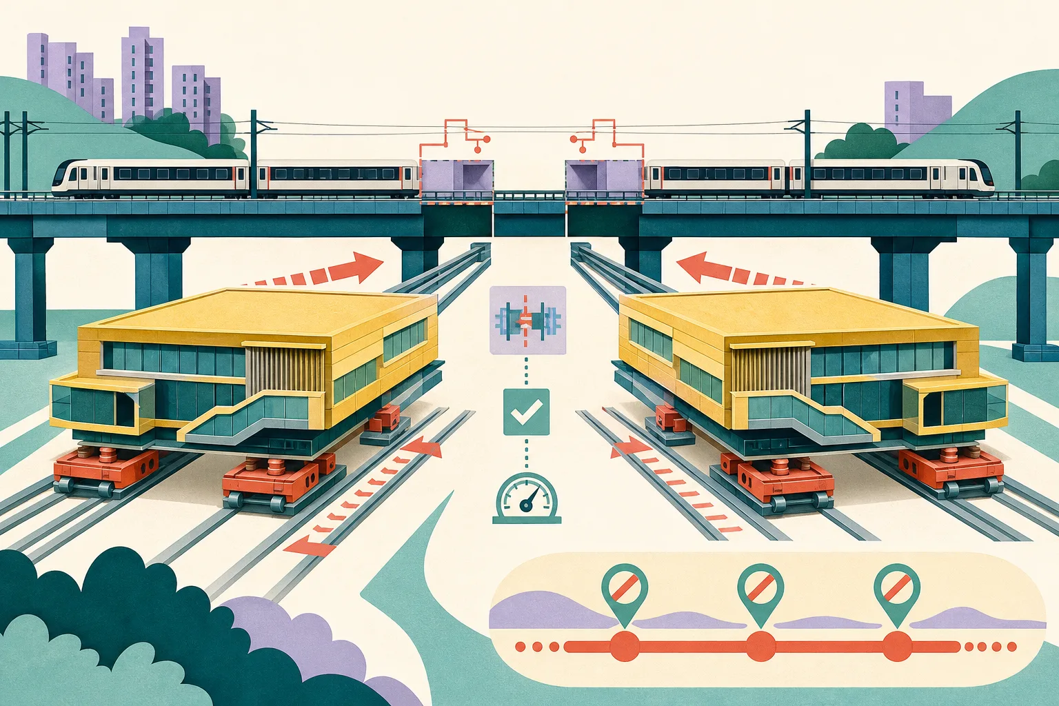 Flat graphic of two large prefabricated railway station modules beside an elevated rail viaduct, with guide rails, hydraulic blocks, directional arrows and highlighted connection points showing the modules moving into place.