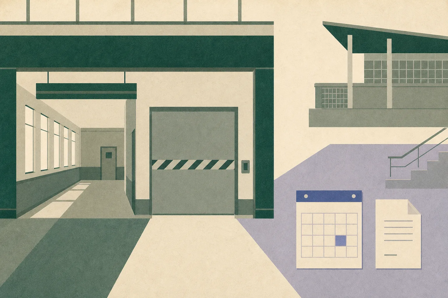 A stylised empty customs-facility corridor in flat architectural shapes is divided by a closed partition, with two separate geometric paths and a small calendar-like panel marking a future court decision date.