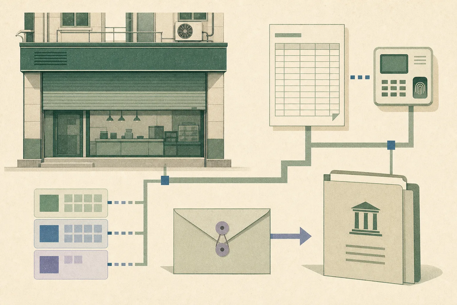 A flat collage shows an unbranded restaurant frontage with a partly lowered shutter, a blank attendance sheet beside a fingerprint clock-in device, and a sealed envelope routed toward a neutral tribunal document folder through simple geometric lines.