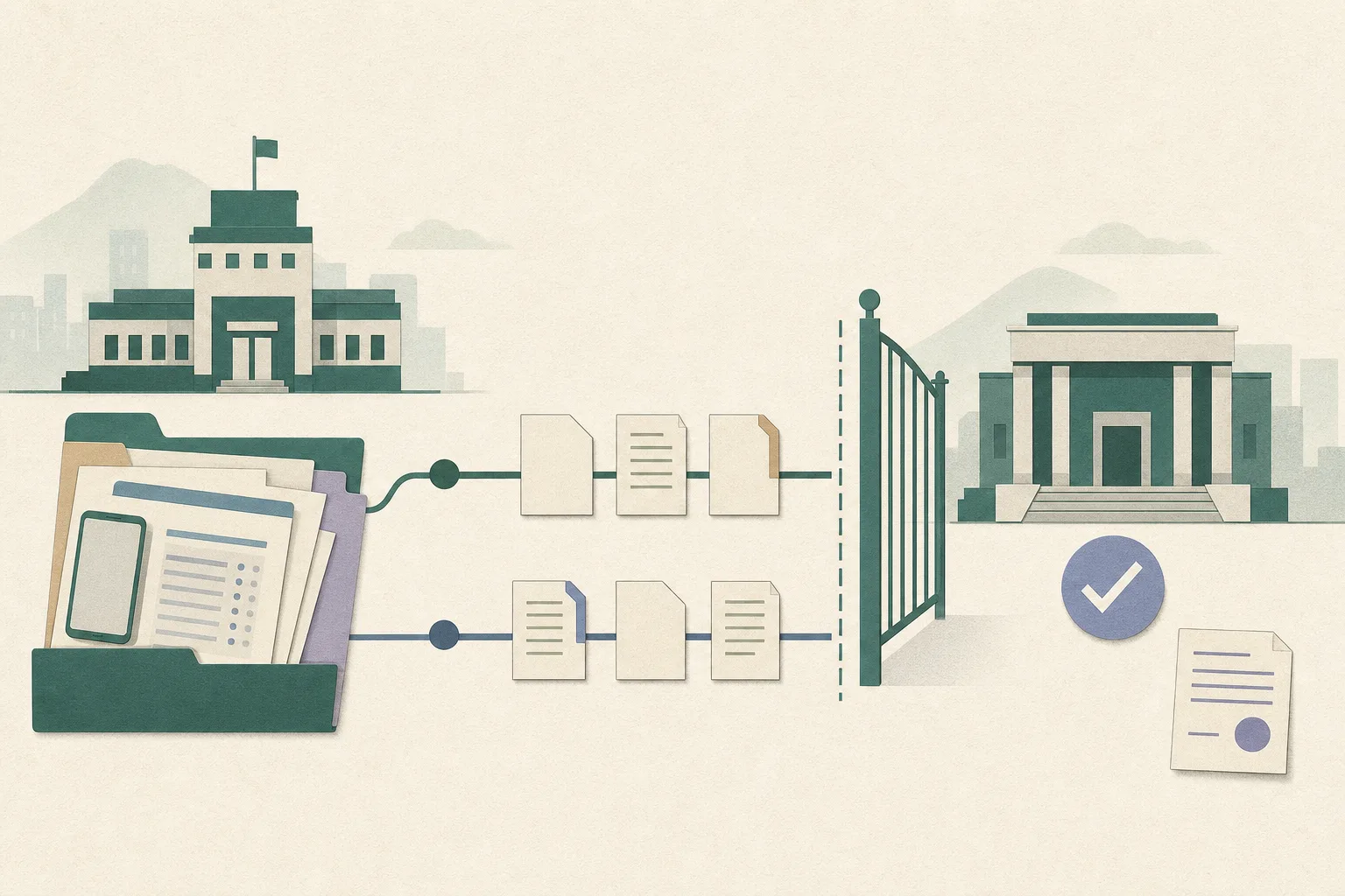 An abstract cut-paper diagram shows a simplified police-station block, a case file containing a phone-shaped rectangle and statement sheets, and a separate courthouse block divided by a clear boundary. Misaligned document tabs suggest differing accounts, while a small costs document sits beside the裁