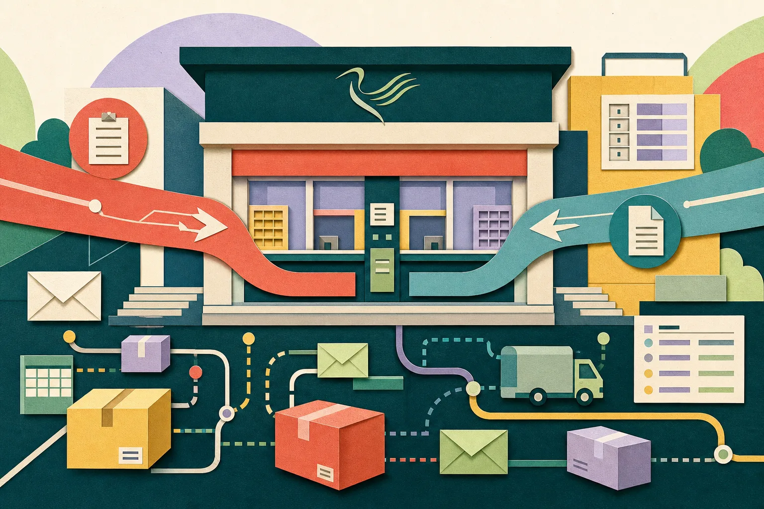 A cut-paper illustration of a simplified civic postal façade with sorting slots, envelopes and parcel shapes moving along connected routes. Two directional bands meet at a central service area beside a calendar tile marked 26 September, using mineral blue, soft coral, dusty teal and muted ochre.