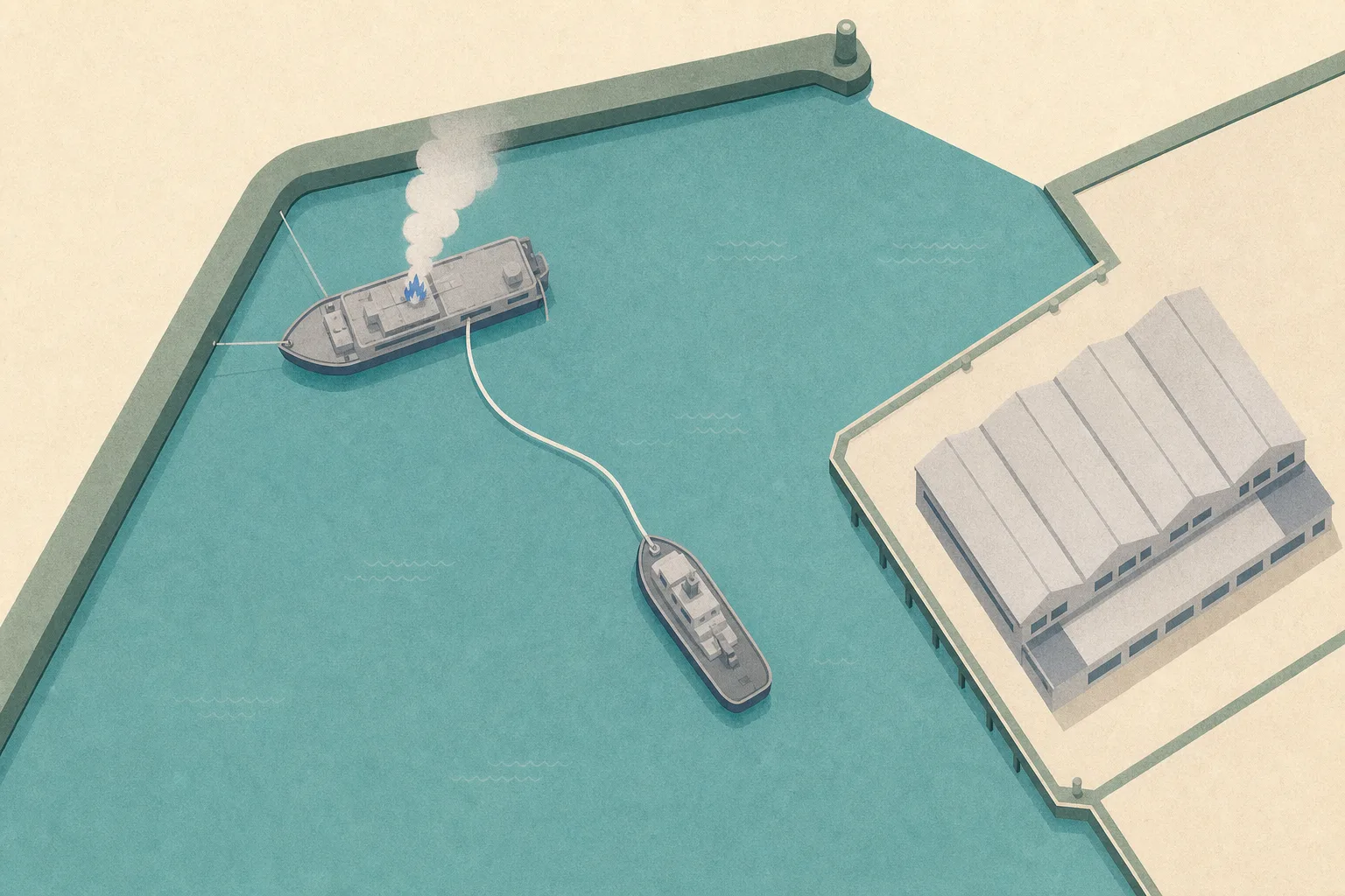 Top-down cut-paper harbour diagram showing a moored refuse collection vessel with a small smoke-and-flame marker, a nearby fireboat connected by one hose line, and a geometric fish market block across the sheltered water.